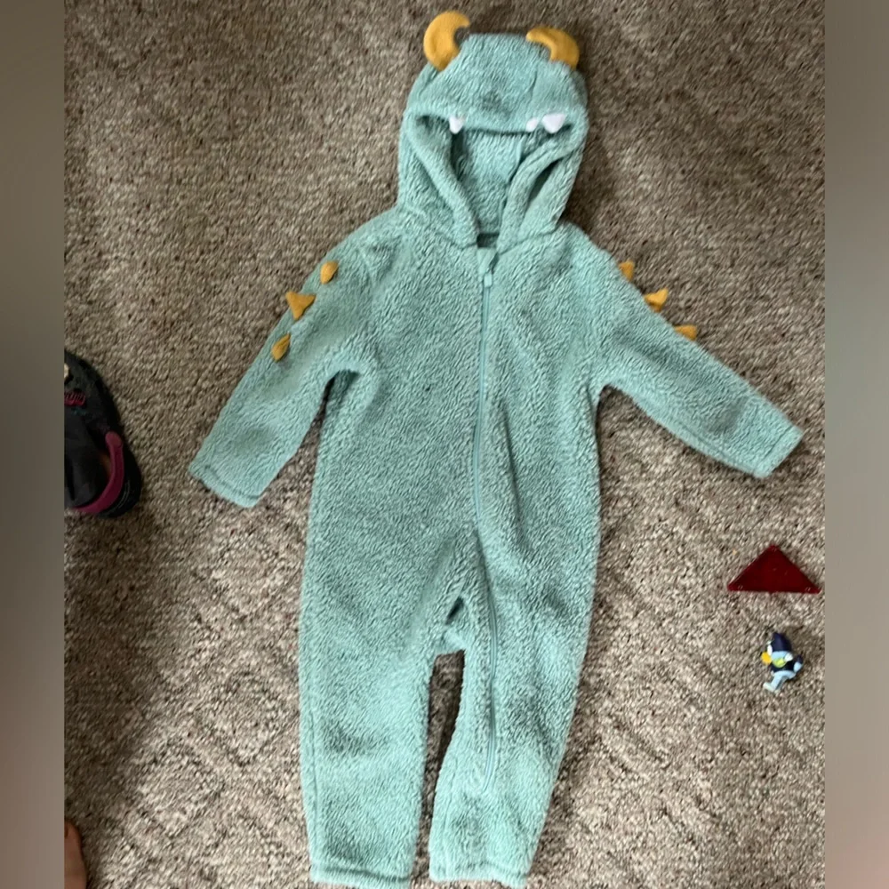 Old Navy Mint Green Dino Fleece Jumpsuit with Yellow Spikes costume